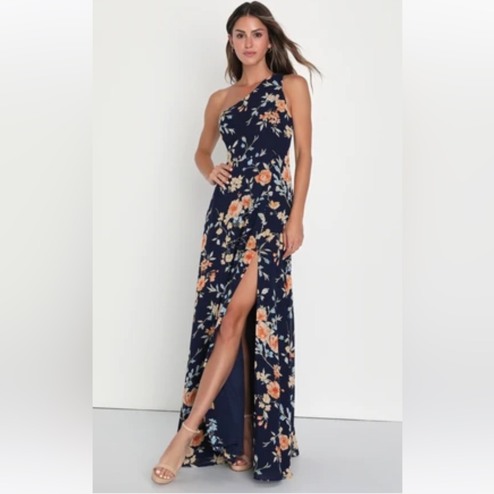 Lulus Navy Blue Floral One-Shoulder Maxi Dress